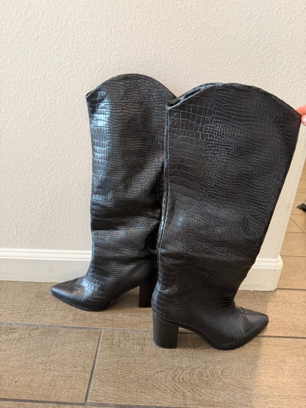 Schutz Maryana Block Croc Embossed Leather Knee High Boot Black Size 8.5